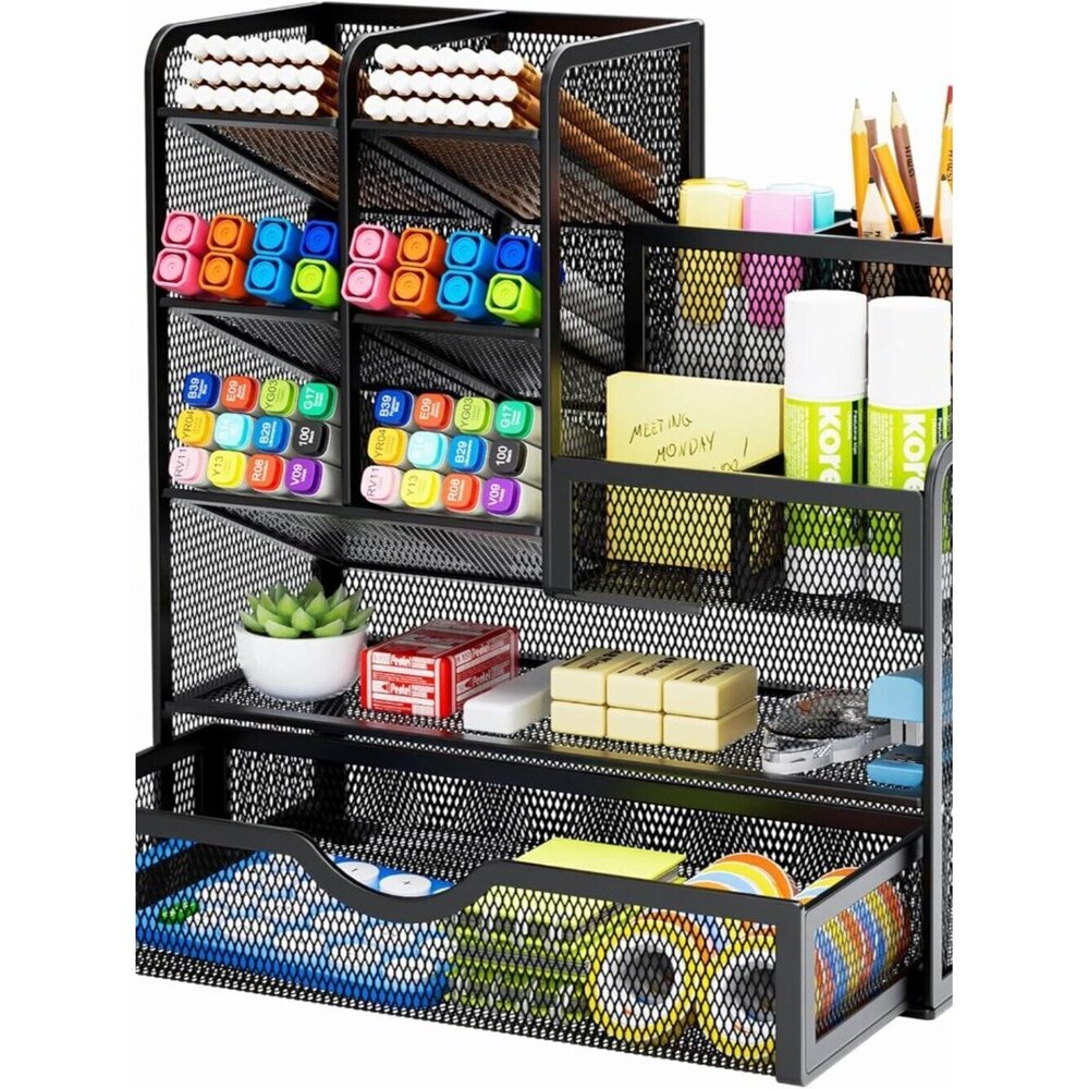 Mesh Pen Holder for Desk, Multi-Functional Pencil Organizer with Drawer, Desk